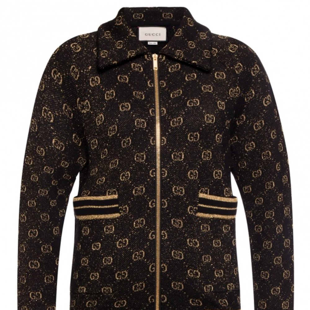 Gucci Black Zipped Cardigan with Gold Lamé GG NEW W TAGS